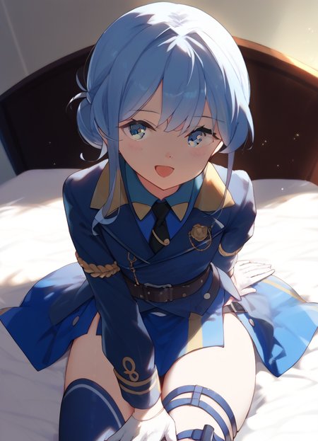 score_9, score_8_up, score_7_up, masterpiece, best quality, absurdres, official art, official style, (anime screencap, megami magazine:1.2), zPDXL2, zPDXLxxx, <lora:Shibafu_Style_Pony_v1:0.7>, 1girl, solo focus, shibafu_style, <lora:gotland-09:0.7>, gotlandandraKC, long sleeves, jacket, collared shirt, belt, white gloves, hair bun, blue skirt, military uniform, thigh strap, single hair bun, blue shirt, blue sailor collar, black necktie, blue thighhighs, half gloves, <lora:neg4all_bdsqlsz_xl_V91:1.0> <lora:ALTXL_pony_0061_8:2.0>, <lora:detailed_hands-000002:1>, hand bedroom, on bed, bed sheet, morning, dim lighting, light particles, on stomach, pov open eyes, open mouth, smile, looking at viewer,