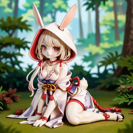 score_9, score_8_up, score_7_up, score_6_up, yuran, rabbit ears, rabbit tail, white fur, body fur, 
1girl, solo, furry female, animal ears, hood, looking at viewer, hood up, japanese clothes, kimono, red eyes, choker, closed mouth, red choker, sash, breasts, kneeling, blush, (forest, nature background),
<lora:ava_choco_yuran_race_v1-000005:0.9>,
<lora:add-detail-xl:1>,