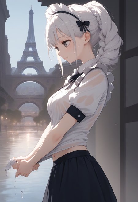 score_9, score_8_up, score_7_up, source_anime,
1girl,solo,medium breasts, maid, maid headdress,navel,
wringing clothes, wet clothes, wet hair, water drop,short sleeves, <lora:wringingclothes_Pony_v1:0.8>
from side, fisheye lens, looking ahead, white hair, gray eyes,disappointed, Paris city, closed mouth, braid ponytail hair,,