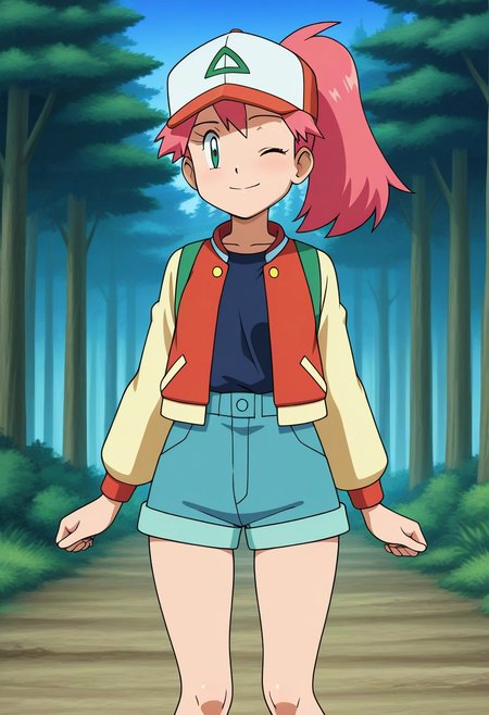 pokemon \(classic anime\), anime screencap, 
best quality, masterpiece, amazing quality, very aesthetic, absurdres, 
1girl, solo, pink hair, ponytail, bangs, hat, looking at viewer, smile, one eye closed, jacket, outdoors, forest