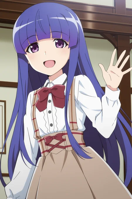 anime screencap, anime coloring, detailed face, masterpiece, best quality, very aesthetic, absurdres, volumetric lighting, official style, amazing quality, ultra detailed, highres, amazing quality, scenery, beautiful detailed hair, beautiful detailed eyes, 
<lora:Rika_Furude_teenage_appearance_Higurashi_When_They_Cry_-_Gou_and_Sotsu:.8>
Rika dress with red bow (outfit), 1girl, long hair, solo, bow, smile, furude rika, shirt, purple eyes, white shirt, looking at viewer, blunt bangs, red bow, blue hair, long sleeves, bowtie, cowboy shot, waving to the viewer, happy girl, mouth open,