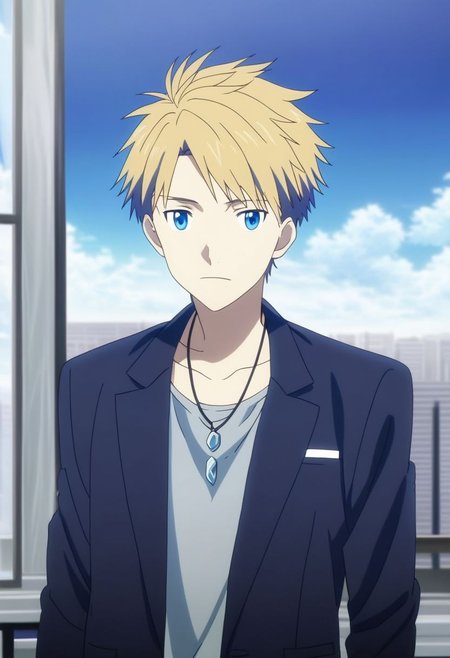 high resolution, professional photography, solo, best quality, 1Boy, Yamato Ishida, Blond Hair, Deep Blue Eyes, Necklace, existential longing, ultimate sky, OverallDetail