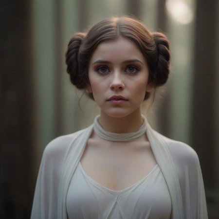 1female, Star Wars prises Leia, (delicate face, beautiful eyes, natural, eye contact), 1male, Luke Skywalker by her side, full body photo, scenic, shallow depth of field, vignette, highly detailed, high budget Hollywood film, bokeh, cinemascope, moody, epic, gorgeous, film grain, Canon EOS R,Canon RF 85mm F1.2L USM, ISO 100