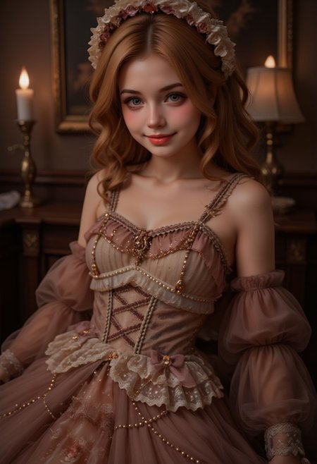 score_9, score_8_up, score_7_up, realistic, petite, (big beautiful eyes:1.2), gorgeous girl, slim body, small perky breast, 8K, Masterpiece, best quality, 1 girl, 25 years, solo, brown eyes, red long hair, bow in hair, long dress, high heels, corset, Koseki Biboo, classic outfit, cowboy shot, High Detail, Perfect Composition, highly detailed, vibrant colour, dynamic, dynamic angle, Dutch angle, smile, dark theme, Midjourney style, Anke,