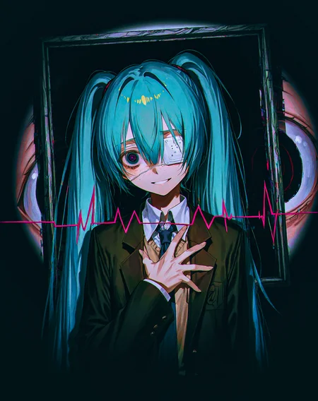 horror \(theme\),picture frame, glitch,background of eyes, abstract ,(disembodied_eye:1.3),upper body 1girl,yandere,smile,  (cardiogram:1.2) , hand on chest, grabbing own chest<lora:mikumonitoring:.5> hmmonitoring, hatsune miku, very long hair, twintails, bangs, hair between eyes, medical eyepatch, freckles, school uniform, collared shirt, necktie, jacket, open jacket, long sleeves,(dark:1.1), darkness, black, surreal, multicolor,  iridescent, (square panel:0.65), (corner pattern:0.75),spotlight,  <lora:spotlightIL:.35>,(tidsean:0.9),(misyune:1.1),wanke,(reoen:0.9),(rei \(sanbonzakura\):0.9),suihei sen, <lora:DarkerThanBlackIllustrious:.5> <lora:tekito midori Style for illustriousXL:.3> tekito midori <lora:mqgire:.3>