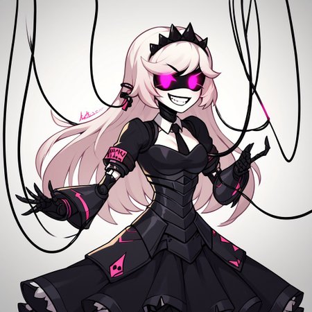 score_9, score_8_up, score_7_up, score_6_up, score_5_up, easynegative, Murder Drones, vmd, robot, white hair, princess hair, long hair sadistic grin, skirt-like armor plates hang down from her hips, long armor skirt, black dress, detached dress, her arms have been painted to appear like having evening gloves, medium bust, wire web background