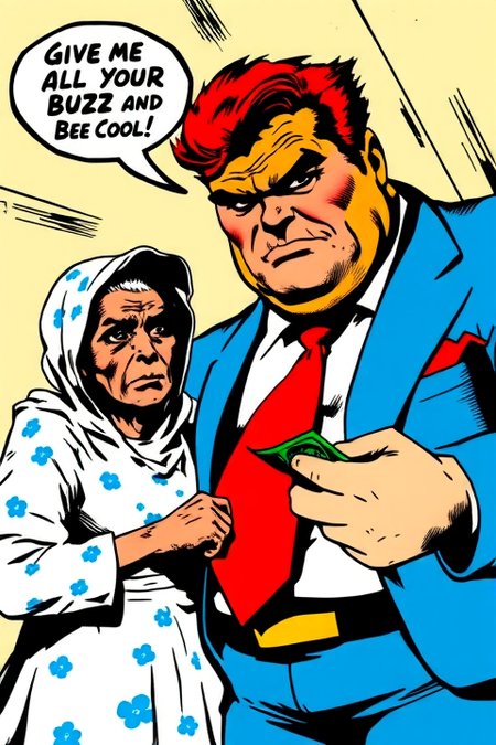 a fat old Classic Comicbook Supervillain with orange hair and wearing a blue suit with red tie is stealing money from a frail poor sad old beggar woman in a white dress made from blue flowered fabric, the supervillain has a thought bubble that reads "Give me all your BUZZ and Bee Cool!"