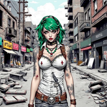 babel-pencil, a woman with green hair and tattoos standing in the middle of a street, surrounded by buildings, poles, wires, and scrap on the ground. The sky is visible in the background.