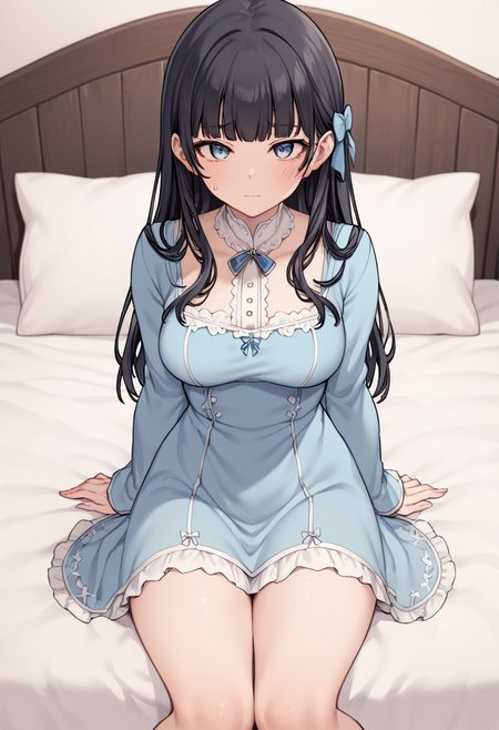 score_9, score_8_up, score_7_up,  masterpiece, 
1girl, solo,  blush, black hair, bangs, long hair, looking at viewer, large breasts, bed, sitting, bow, dress, blue eyes, long sleeves, pillow, blunt bangs, hair bow, sweatdrop, on bed