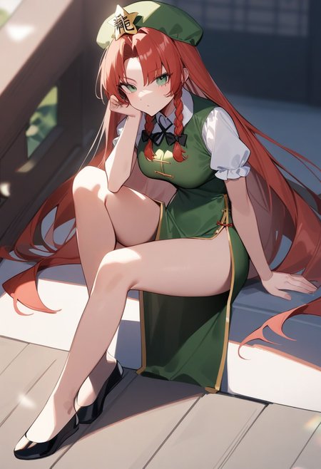 masterpiece,best quality,very aesthetic,absurdres,<lora:hong_meiling:1>,full_body, hat_ornament, sitting, side_slit, highres, flats, star_\(symbol\), hong_meiling, china_dress, looking_to_the_side, serious, absurdres, bare_legs, head_rest, 1girl, solo, short_dress