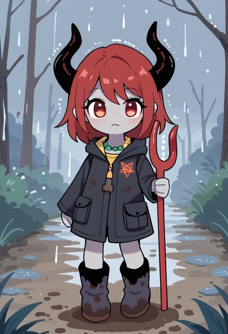 score_9, score_8_up, score_7_up, BREAK
highres, highly detailed, high resolution, high quality, 
source_anime, anime screencap, saturation, vivid colors, 
1girl, solo, luce, full body, standing, demon girl,
(dark red hair:1.2), (big dark red eyes:1.1), medium hair, cute, (grey skin:1.1), (horns:1.2), 
(long black raincoat:1.1), dirty black rubber boots, 
pentagram necklace, holding red trident, 
cute, bokeh,
blurry background, forest background, path, rain, 
stkyswt