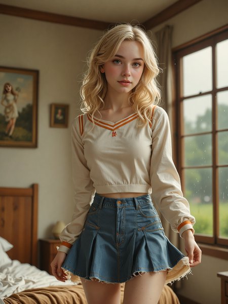 ( detailed realistic background:1),
( official art, beautiful and aesthetic:1 ),
realistic lighting,
cinematic lighting,
hyperrealism,
soothing tones,
muted colors,
high contrast,
soft light,
sharp,
artistic photoshoot,
( cute, petite:1.2 ),
slender,
european,
pale cheeks,
square face shape with angular jaw,
natural "no-makeup" makeup,
apricot breasts ,
senior,
platinum blonde hair ,
flowy waves hair  ,
Wormfs Eye View 
quiet countryside retreat painting landscapes  ,
cool rain with subtle drizzle  ,
sunbeams through clouds  ,
cheerleader uniform, skirt, pom_pom_cheerleading in both hands 
slim fit jeans 
liner sock 
kitten heels  ,
Hating ,
looking at viewer,