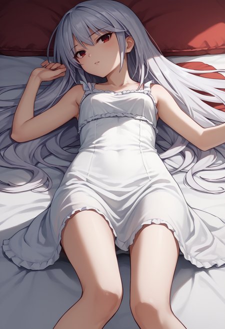 score_9,  score_7_up,   1girl, Kazuki, silver hair, long hair, red eyes,  white sundress, on back,    <lora:Kazuki Lora-000009:1>
