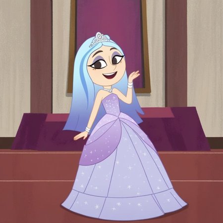 Andrea Davenport, 1girl, long blue hair, brown eyes, streaked hair, eyeshadow, Very long large straight tulle purple princess ball gown hoop skirt, ball gown hoop skirt, purple princess dress, hoopdress, my big princess gypsy wedding dress, ballgown, a girl in a dress posing for a picture, wearing a sleeveless ballgown, looking at viewer and smiling,