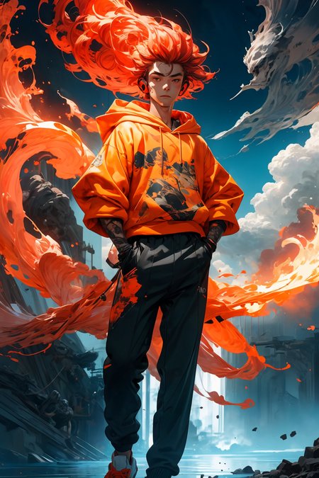 masterpiece, best quality, 1boy, skinny, intricate detail, flame headwear, headphones, brown eyes, feet out of frame, wind, floating hair, flame, gloves, Orange hoodie with flame print, anime screencap, aura,
<lora:more_details:0.4>
 <lora:Cosmic anime-oil fusion v2:0.4> 
<lora:AnimeVibesV3:0.25> animevibes, 
<lora:3DMM_V11:0.5> 3DMM 
<lora:midjourney_20230624181825:0.4> midjourney ,
 <lora:LAS:0.25> colorful, clouds, 
<lora:msw_locon-t2:0.45>
 <lora:wuxia2:0.5> gu, shiny, shiny hair, shiny skin, shiny clothes