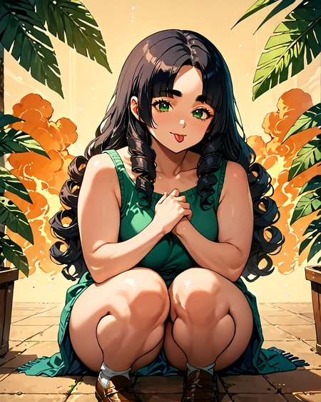 score_9, score_8_up, score_7_up, score_6_up, source_anime, rating_safe, ah1, 1girl, (curly hair), long hair, (black hair), mature female, (parted hair:1.7), (round face), (no_bangs:1.3), (no_fringe:1.6), looking at viewer, (thick eyebrows), (curvy), round-chin, (dark olive green eyes), caucasian, down-turned eyes, <lora:ETO_OCPonyXL:0.5> eto_oc, skindentation, thick thighs, wide hips, petite, busty, voluptuous,  kinky curls, puckered lips, bad-hands-5, (Seated cross-legged, hands resting atop her knees with palms facing upwards, she embodies serenity and spiritual awakening), (burning orange Visit an art gallery in a smart casual outfit and loafers), (in a society where people can communicate telepathically), (Face with a teasing tongue), <lora:ZootPonyAnime_V1_r2:0.5>, <lora:venus body PonyXL:0.8>, detailed,