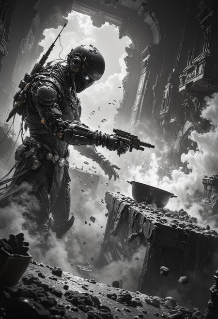 In a chaotic black-and-white kitchen, a droideka (Star Wars movie), struggles to cook. Lacking proper hands, it's attempting to stir a pot with its blasters, accidentally firing off a few shots. Smoke fills the room as a pan of food catches fire, and foam overflows from a pot of boiling water. Plates have crashed to the floor, and ingredients are scattered everywhere. The droideka, confused, stands in its defensive mode, half-collapsed, as the kitchen spirals further into chaos, with alarms blaring and sparks flying.