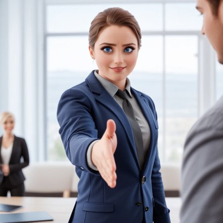 POV impending handshake, firm grip, left hand, eye contact, casual, 1girl, wide hips, thin waist, big head, thick hair, big blue eyes, thin lips, wearing {black trousers|red shirt|red boots|black jacket}, in the style of Disney Pixar, animated