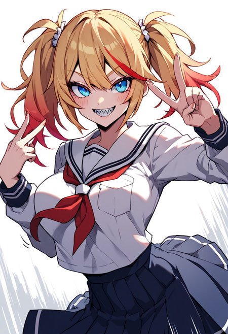 score_9, score_8_up, score_7_up, character portrait, cowboy shot, thick outline, angular line style, solo, 1girl, looking at viewer, blond hair, twintails, medium hair, large breasts, white school uniform, skirt, mid movement,
peace, smile, blushing, motion lines, effects, sharp teeth, pose, dynamic pose,