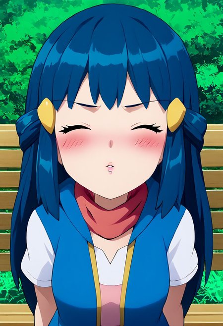 score_9, score_8_up, score_7_up, source_anime,
pokemondawn, <lora:pokemon-dawn-ponyxl-lora-nochekaiser:1>
1girl, solo, pokemon dawn, (blue hair), sidelocks, (long hair), (((blue vest))), (((vest with yellow outlines))), (white shirt), cute, arm up, fingerless gloves, black gloves, bracelet, jewelry, red scarf, scarf, yellow headwears,
outdoors, nature,
looking at viewer, dutch angle, (anime screencap), anime, 2d, ((official art)), (((upper body))), ((small breasts)), mature female, soft sun light, ((blush)), (arms behind back), closed mouth, closed eyes, incom, facing viewer, ((parted lips)), reaching, girl focus,(bench), sitting, outdoors, forest,grass,full-face blush,embarrassed, from above, (leaning forward), pov, closer face, incoming kiss, looking at viewer