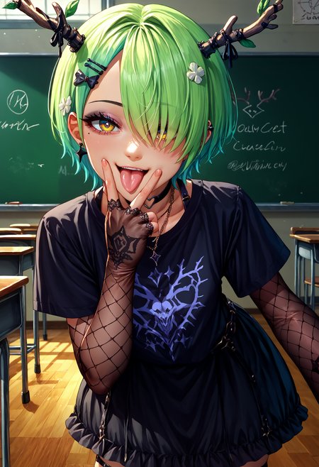 score_9, score_8_up, score_7_up, detailed,  anime source, night, classroom, looking at viewer,<lora:ChamCeresFaunaPonyXL:1> FaunaGoth, yellow eyes, mole under eye, antlers, short hair, hair over one eye, hairclip, heart choker, necklace, black t-shirt, black dress, elbow gloves, fingerless gloves, o-ring thigh strap, heart o-ring, fishnet thighhighs, ear piercing, black eyeliner, black eyeshadow, smile, open mouth, tongue out, lean leaning forward, <lora:Cunnilingus gesture XL:1> cunnilingus gesture