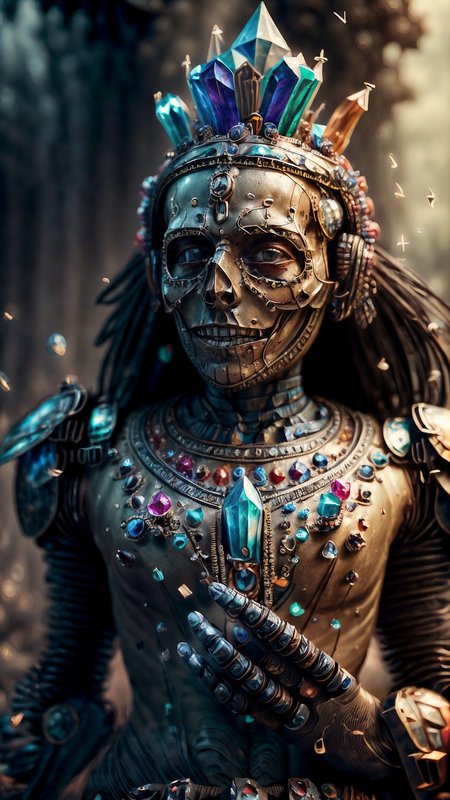 a profestional picutre of 1man, <lora:mshn:0.7> robot, mshn, mshn robot, robotic warrior with skull face , <lora:GemstoneAI:1.2> gemstoneai Mage's Incantation: Description: The mage stands with their feet shoulder-width apart, weight evenly distributed. They raise one hand towards the sky, fingers spread, while the other hand is extended forward, palm out. Arcane symbols appear to shimmer around them as they channel magic, their gaze focused on a point of interest where the spell will manifest. , camera angle from behind and focus on upper body, photorealism,unreal 5 daz,perfectly drawed hands,perfectly drawed face,perfect body,extremely detailed artgerm greg rutkowski greg,((ultrasharp)),((masterpiece)),((best quality)),((ultradetailed)),((intricated details)),ultradetailed character,detailed face,intricated face details,<lyco:GoodHands-beta2:1>,extremaly detailed background,perfectly detailed face,character focus,intricated details of face,fFaceDetail <lora:add_detail:0.7> ultra realistic,32k,RAW photo,(high detailed skin:1.2),8k uhd,dslr,soft lighting,high quality,film grain, beautiful and aesthetic,extremely detailed <hypernet:sxzBloom_sxzBloom:1>,8k, extremely_clear,