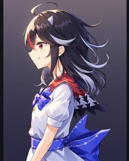 kijin seija,1girl, solo, horns, short_sleeves, white_dress, blue_bowtie, profile, blue_sash, from_side, cloud, black_border, standing, grin
<lora:kijin_seija_image4523_2023-12-20-000008:1>,star-shaped_pupils,symbol-shaped_pupils,. gorgeous,key visual, vibrant, studio anime,award-winning, professional, highly detailed,high budget, cinemascope