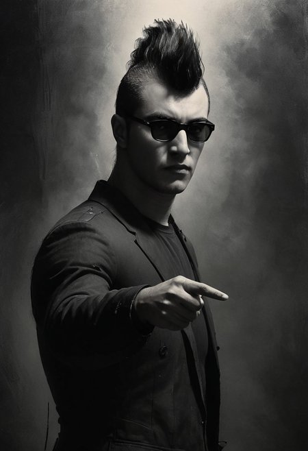 civitametapunkSDXL, 1boy, black mohawk hair, black suit, dark glasses, pointing with a finger,<lora:MattSchustyle3:0.1> MattSchu,  dark atmosphere <lora:Rafael_DeSoto:1.2> 1960s, Rafael DeSoto style, black and white photo, dramatic photo, low key light, Rembrandt Lighting style, Rembrandt shadow style, Black and white art, black pencil shading, charcoal drawing, toned paper, pencil drawing, brutal dark b/w color scheme