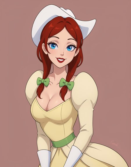 suexl, 1girl, solo, breasts, looking at viewer, smile, blue eyes, simple background, cowboy hat, dress, bow, cleavage, twintails, medium breasts, upper body, hair bow, red hair, parted lips, puffy sleeves, medium hair, low twintails, white headwear, juliet sleeves, green bow, red lips, yellow dress
masterpiece, best quality, amazing quality, very aesthetic, absurdres,
 <lora:suexl:1>