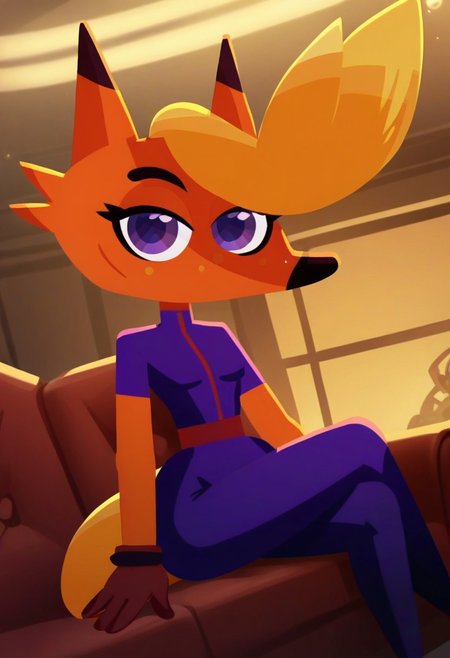 score_9, score_8_up, score_7_up, source_cartoon, cartoon style, 2d, thin lines, easynegative, 1 character, 1 girl, solo, female, Olesya, fox, furry, anthro, orange fur, blonde hair, purple eyes, eyelashes, fox ears, fox nose, black nose, fox tail, light orange tail, four fingers on arms, furry body, female body, bodysuit, purple bodysuit, short sleeves, red belt, dark red gloves, looking at viewer, smile, smiling, lidded eyes, closed mouth, cute face, perfect face, front view, angle, sitting on the armchair, straight sitting, straight posture, posing, sexy pose, crossed legs, high quality, high resolution, detailed, best quality, photorealism, indoors, detailed background, perfect shot