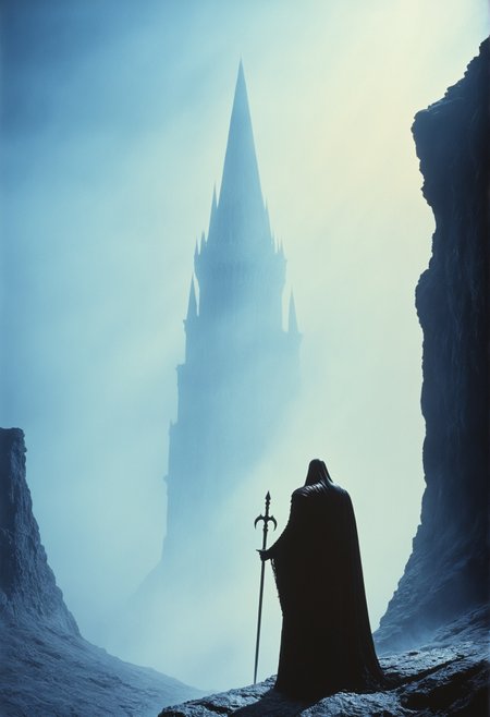 1980s sword and sorcery style, (ArsMovieStill, 80s Fantasy Movie Still), a lone cloaked figure standing in an evil sorcerer's tower, energy effects, dramatic moonlight, practical effects, film grain, fog effects, dark fantasy style, dramatic shadows. photography by Greg Rutkowski and H.R Giger, mesmerizing blend of light and shadows <lora:80sFantasyMovieSDXL2:1>
, Duke Callaghan cinematography, epic landscape shots, Frank Frazetta influence, practical effects, muscular aesthetic, golden hour lighting, misty atmosphere