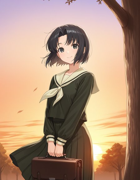 1girl, solo, mizuno youko, black hair, short hair, parted bangs, black eyes, smile, lillian girls\' academy school uniform, green serafuku, long skirt, holding school briefcase, cowboy shot, bottom of tree, outdoors, sunset, wind, orange sky, masterpiece, best quality, very aesthetic <lora:mizuno_youko_illustrious_v1:0.7>