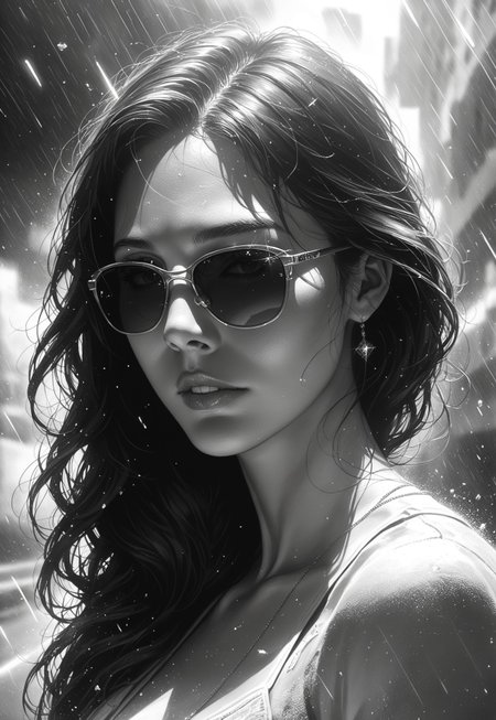 masterpiece, best quality, realistic, realism, score_9, score_8_up, score_7_up,
monochrome, matrix binary rain, trapped in an electric storm, a young woman, extremely expressive, wearing sunglasses, expressed outline visuals, disintegrating style, watercolor art, Intricate illustration