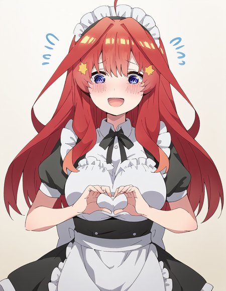 score_9, score_8_up, score_7_up, source_anime, <lora:itsuki-nakano-s2-ponyxl-lora-nochekaiser:1>, itsuki nakano, bangs, long hair, blue eyes, hair between eyes, ahoge, red hair, star (symbol), hair ornament, star hair ornament, mature female, large breasts, <lora:moe-moe-kyun-ponyxl-lora-nochekaiser:1> heart-shaped boob challenge, moe moe kyun! heart hands, enmaided, maid, maid headdress, apron, maid apron, ,, open mouth, blush, embarrassed, clsoed eyes, smile,, cowboy shot