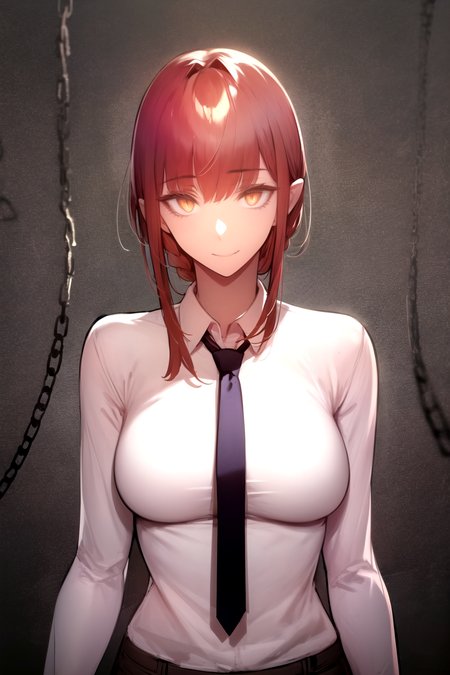 best quality, 1girl, makima \(chainsaw man\), 1girl, solo, standing, red hair, long braided hair, golden eyes, bangs, medium breasts, white shirt, necktie, stare, smile, looking at viewer,  (dark background, chains) <lora:makimaChainsawMan_offset:1> <lora:Gentsuki:1>