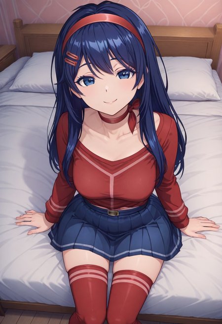 (kindmita:1.2),1girl, solo, hair ornament, red choker, red shirt, red hairband, blue_eyes, red thighhighs,blue hair,blue skirt,long hair, horny, smiling, looking at viewer, laying in bed, calling to him.