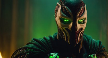 cinematic film still of (Cinematic Film stock footage style) in (arri alexa style) (Kodak film print style),
 <lora:Spawn:1>
Spawn a demonic creature with a demon like face and a demon like body and a living symbiotic costume and glowing green eyes, shallow depth of field, vignette, highly detailed, high budget, bokeh, cinemascope, moody, epic, gorgeous, film grain, grainy