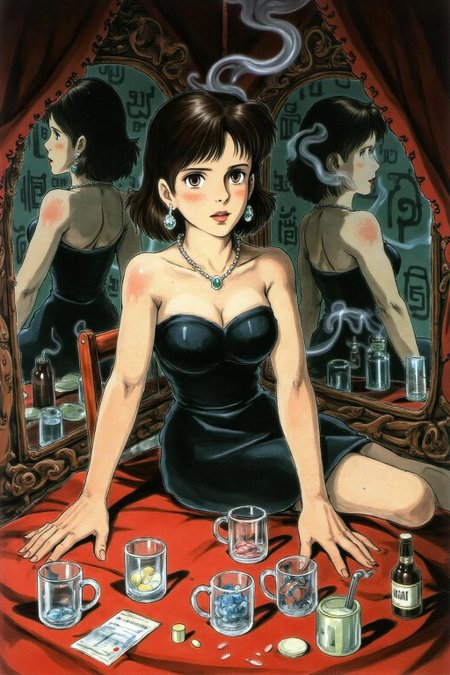 miyaha1 manga illustration.
Create a cinematic, surreal portrait of a woman wearing an elegant strapless black dresses, seated at a cluttered red table, surrounded by mirrored reflections of herself. She wears intense red eye makeup that accentuates her expressive gaze. The scene is filled with translucent glass cups, pill containers, and small bottles, all creating an eclectic and moody atmosphere. Smoke rises around her, adding a dreamlike quality, while a wallpaper of hand-drawn symbols or calligraphy fills the background. The lighting is muted and soft, emphasizing a reflective and introspective mood with a retro, film-noir style   <lora:miyaha1_cap_d6a3e12:0.9><lora:818076126392983694:0>