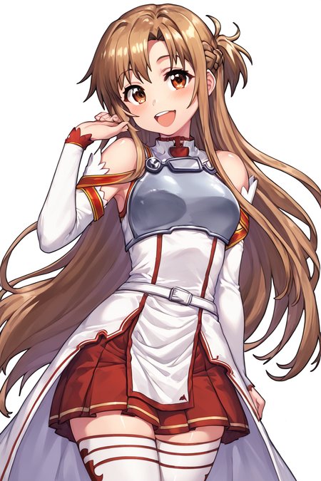 score_9, score_8_up, score_8, medium breasts, (curvy), cute, eyelashes,       BREAK, , BREAK, zzAsuna, asuna (sao), long hair, brown hair, brown eyes, braid, very long hair, thighhighs, bare shoulders, detached sleeves, armor, white thighhighs, breastplate, red skirt, <lora:Asuna_SAO_PDXL_v3:0.8>,, ,,, <lora:HaseYu_PDXL:0.8>  ,,,, BREAK,  smile, looking at viewer, cowboy shot,  embedding:zPDXL, Expressiveh, <lora:SDXLFaeTastic2400:0.5>,  <lora:Expressive_H-000001:0.4>,