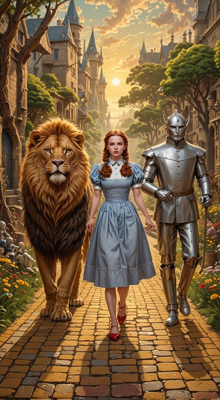 Wizard of OZ, The Tin Man, The Lion and Dorothy walking down the yellow brick road. magnificent, celestial, ethereal, painterly, epic, majestic, magical, fantasy art, cover art, dreamy, insanely detailed and intricate, hyper maximalist, elegant, hyper realistic, super detailed, vivid colours, ornate, dynamic, articulate, 8K, <lora:3D_Framed_Wall_Art_-_By_DICE:0.7>, (Framed 3D), EPIC), high budget Hollywood movie, volumetric, Painstaking Attention To Detail, UHD