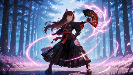 A fierce and elegant catgirl warrior wielding a beautifully decorated folding fan, standing in a dynamic fighting stance. Her feline ears perk up as her long, flowing hair moves with the wind. She wears a stylish, intricate outfit blending traditional Japanese and fantasy elements, adorned with silk embroidery. Hair accessory, Motion effects enhance the sense of speed and power, petals swirling around her, The background is blurred with a hint of a battlefield or dojo, adding depth. Ultra-detailed, high-quality rendering with sharp lighting and shadows, emphasizing the drama of the scene, wind-swept kimono,  full body, flowing hair, depth of field, motion lines, motion_lines, very aesthetic,fan engulfed in energy,streaked bangs, <lora:eye_focus:1> eye_focus <lora:CatgirlStyle:1> CatGirlStyle   <lora:WeaponSpellBindIL:0.42> spell bind   <lora:YaeMikoFox:1> YaeMikoFox