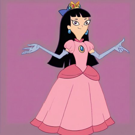 1girl, solo, Stacy, black hair, long hair, blunt bangs, purple hair bow, purple wrist bracelet, princess make up, p34ch3s-dress, cosplay, crown, blue earrings, jewelry, pink dress, elbow gloves, white gloves, Very long large floor length wide straight tulle long sleeved ball gown hoop skirt, ball gown hoop skirt, princess dress, hoopdress, white pearl necklace, long elbow length princess gloves, my big princess gypsy wedding dress, ballgown, a girl in a dress posing like a princess for a picture, looking at viewer, pretty eyes, she is posing, hands on hips