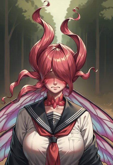 score_9, score_8_up, score_7_up, score_6_up, score_5_up, score_4_up, 1girl, <lora:RominaV2:0.8> solo, large breasts, eyeless, faceless, monster girl, wings, butterfly wings, upper body, front view, embarrassed, wearing seifuku, sailor outfit, 
(forest background), outdoors,