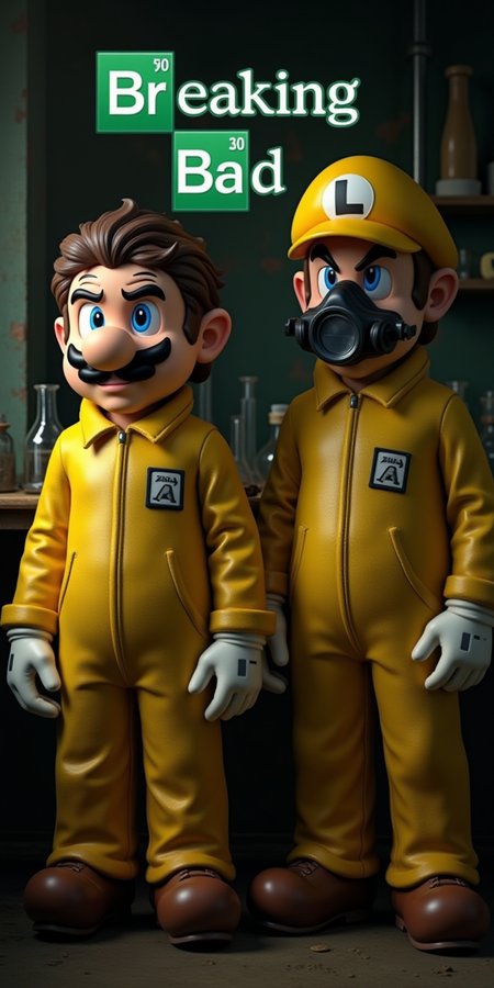 Create an image of Mario and Luigi from the iconic video game series dressed in outfits inspired by Walter White and Jesse Pinkman from 'Breaking Bad.' Mario is wearing Walter White's signature yellow hazmat suit and a black hat, with a stern expression reminiscent of Walter’s determined look. Luigi, in contrast, is dressed in a matching hazmat suit with a hood and gas mask, reflecting Jesse Pinkman’s rugged style. The background is a gritty, industrial setting, perhaps a makeshift lab with beakers and flasks, adding to the 'Breaking Bad' theme. The overall scene combines the playful, recognizable elements of Mario and Luigi with the intense, dramatic aesthetic of the series.

Using the classic breaking bad logo, change the text to "Breaking Mario" and apply this logo and text across top of the picture.