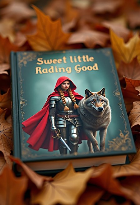 The book is lying on autumn leaves, close-up. The cover of the book depicts an adult Red Riding Hood in knight's armor, with sword, a red hood pulled over her eyes, golden hair braided in two large braids. Behind her, Grandma has taken the gray wolf away and is carrying it on her shoulder.
The inscription on the book in gold letters 
 It is legible: "Sweet little red Riding Hood."