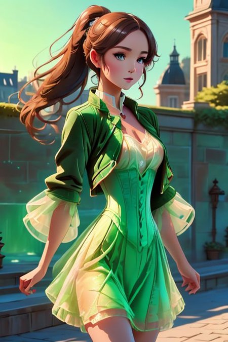 A petite ((woman)) in her mid-30s with long blond hair tied in a ponytail with red lace. Confidently strides down a cobblestone London street in 1899, her figure accentuated by a (green velour jacket: 1.2) and (brown velour dress: 1.3), common for Victorian Era.
