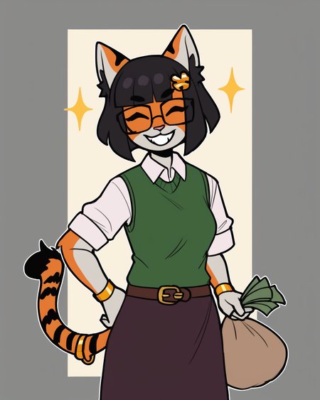 score_9_up, score_8_up, score_7_up, score_6_up,  by remanedur, half-length portrait, female, black hair, cat, tail, medium breasts, eyes closed,  hair accessory, tail bracelet, hair ornament, tiger tail, shirt, sweater vest, panty hose, skirt, gold wristwatch, bracelet, belt, furry, bangs, square glasses, short hair, looking at viewer, money, money bag, holding money,  grin, happy, head tilt, solo, three-quarter view, simple background, white outline, <lora:Leah_Pines(AIM)_XL_v1:0.15> <lora:PDXL_artist_tags_v2_big:0.5> <lora:The-Minuscule-Task_PDXL_v1.0:0.6>   <lora:Kaede_murninatair:0.7>