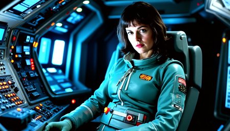 nostromo style,
woman wearing retro futuristic spacesuit, armor, spaceship interior, mother, control panels, buttons, switches, screens, greebles, textured wall, wall pads, science fiction, horror,

extremely detailed:1.2, sharp:1.2, bold outlines,

sharp focus, detailed face, clear eyes, Detailed perfect hand