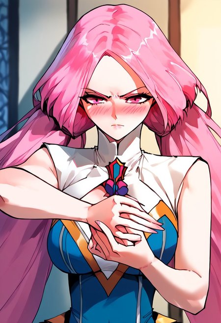 score_9,score_8_up,score_7_up,score_6_up,source_anime, (best quality), (masterpiece), (extremely detailed), (finely detailed), (detailed face, perfect face, perfect eyes, beautiful detailed shading), (perfect hands), (full colors), blush, 
BREAK, 
cowboy shot, upper body,
1girl, solo, 纳兰嫣然, pink hair, twintails, long hair, pink eyes, large breasts, fighting pose,