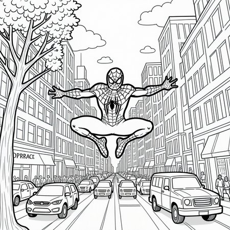 A simple monochrome line drawing for a coloring book.

Spiderman, swinging through the city, surrounded by tall buildings. Pedestrians, cars, trucks, trees, benches. A busy city.

<lora:LineDrawing03_CE_XL_300-OT:0.6> lndrwngCE_style